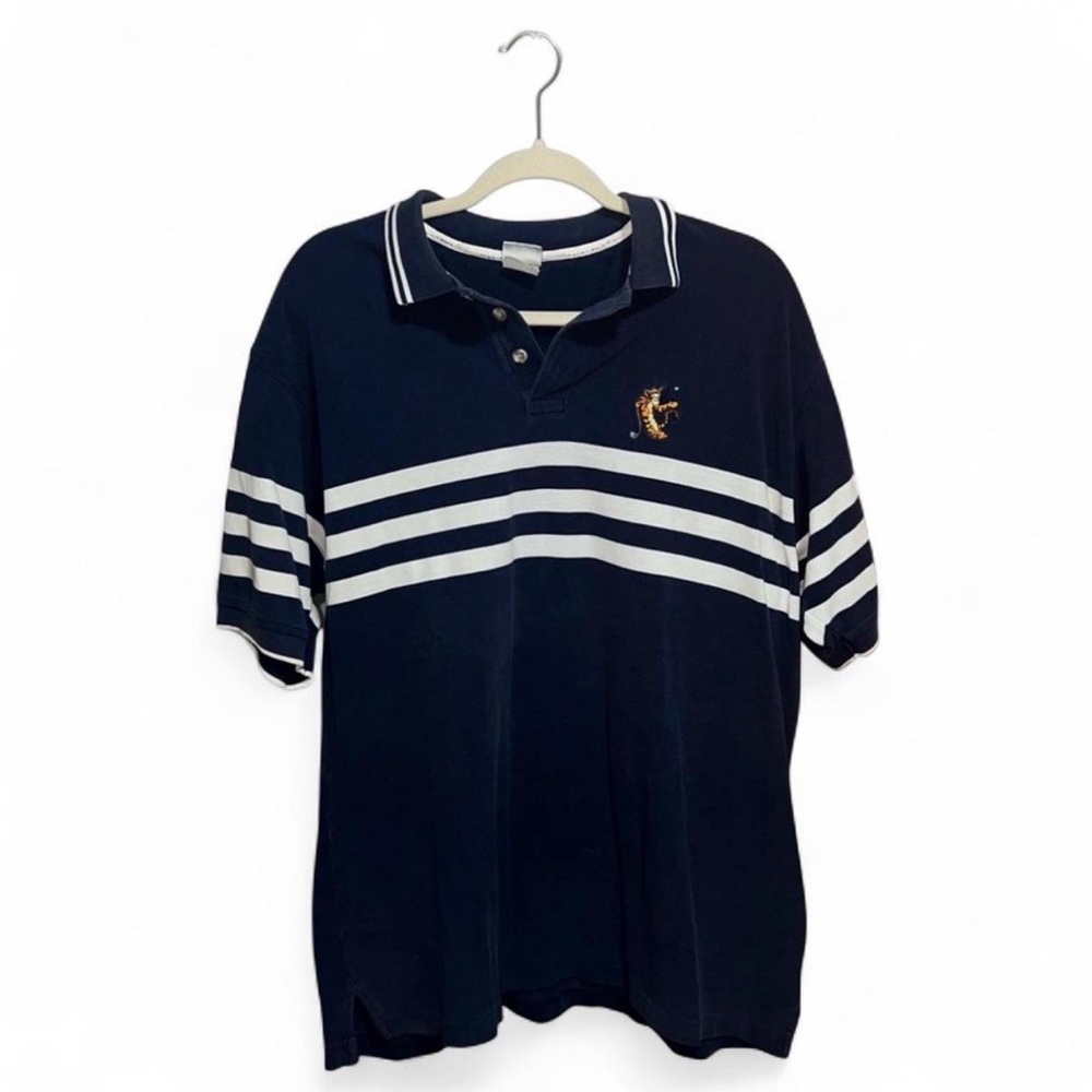 Disney Tigger Navy Blue and White Striped Men’s Polo Short Sleeve Top Size Large